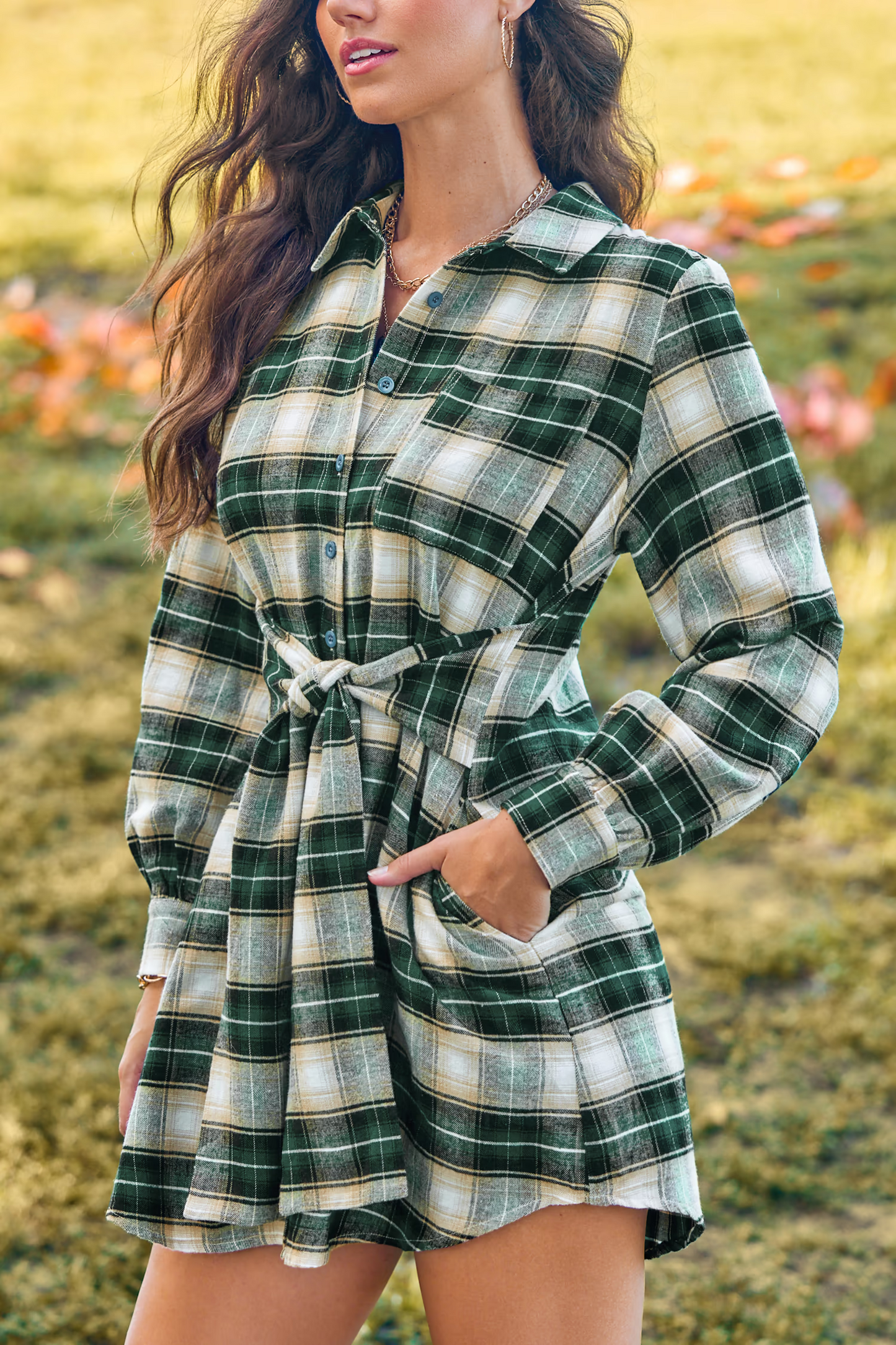 Cupshe Green Plaid Front Button Mini Shirt Dress