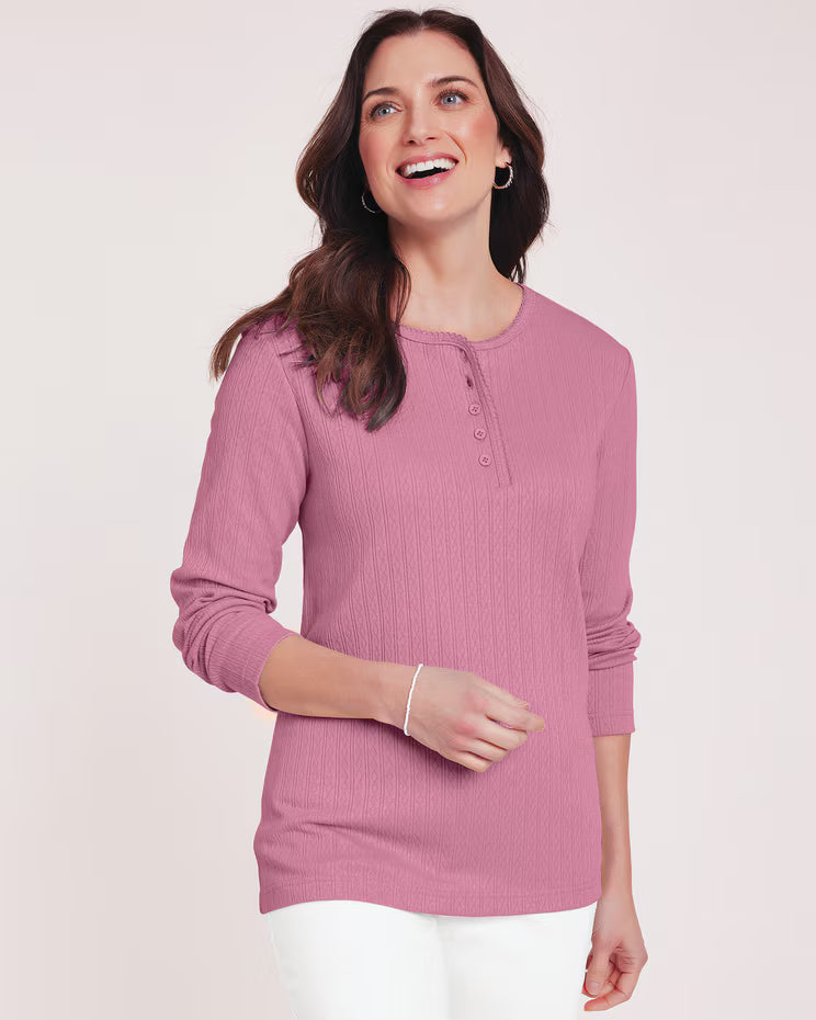 BLAIR Women's Top Long Sleeve Pointelle Henley Top 2 (Petite) - x4