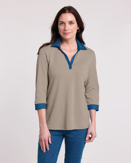 BLAIR Women’s Top Essential Knit DenimLite Trim Knit Polo (Women Plus)