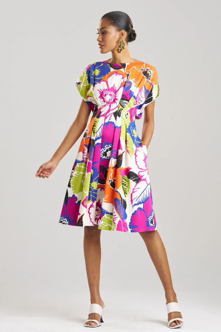 NATORI Cote D'Azur Cotton Chino Fit & Flare Pleated Dress - Multi