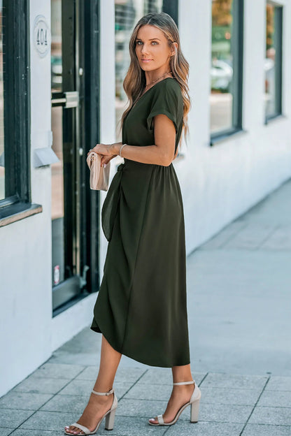 Cupshe Olive Short Sleeve Waist Wrap Midi Dress