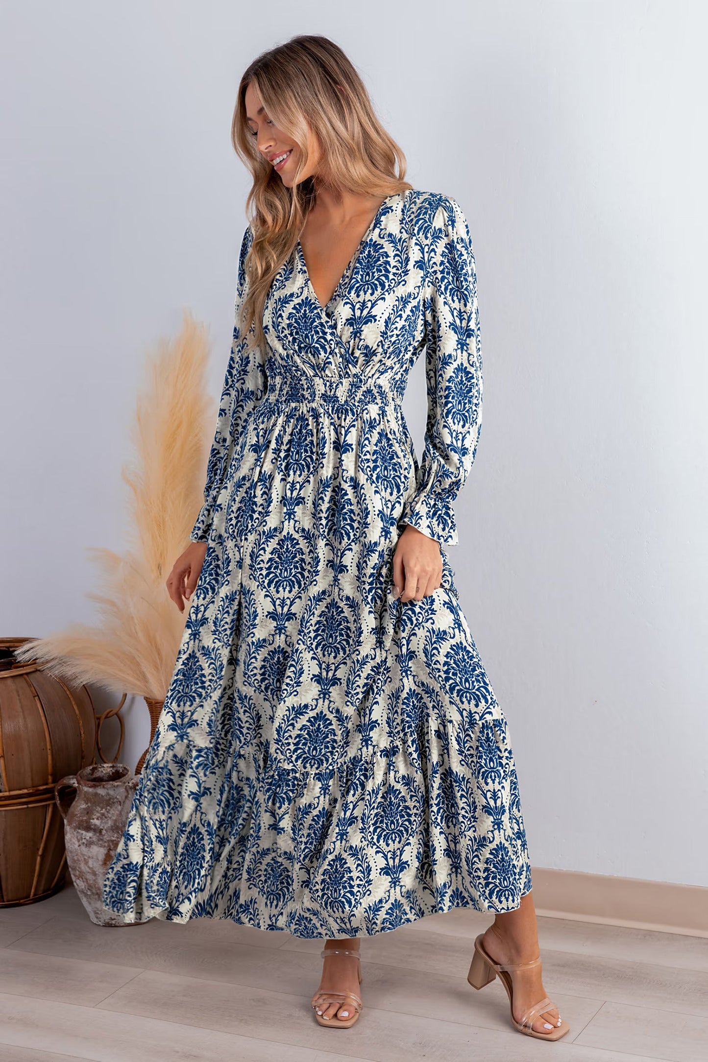 Cupshe Damask Long Sleeve V-Neck Maxi Dress