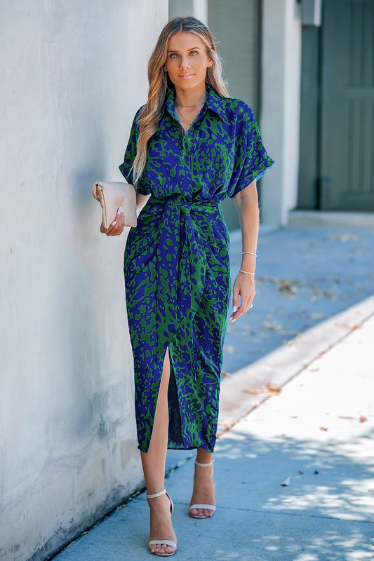 Cupshe Blue Animal Print Collared Midi Dress