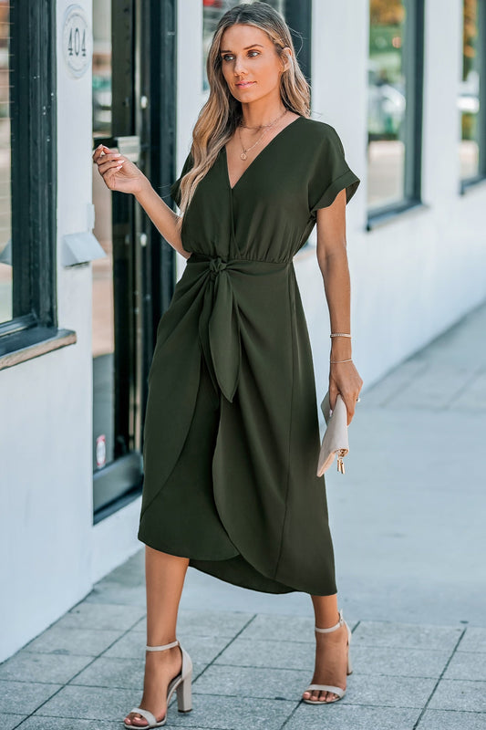 Cupshe Olive Short Sleeve Waist Wrap Midi Dress