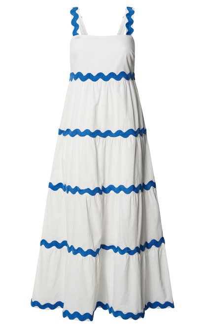 Showpo Brenda Midi Dress - Sleeveless Straight Neck Wave Detail A Line Dress in White