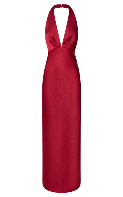 Showpo Cady Maxi Dress - Ruched Bust Rosette Detail Satin Dress in Red