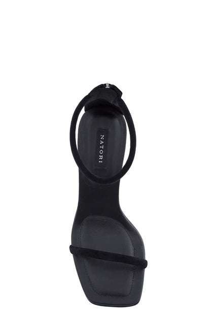 Natori Glow Nappa Leather Block Heel Sandal - Black Suede