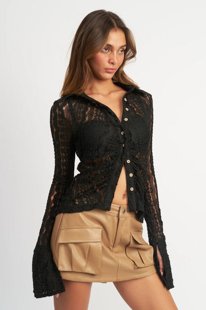 Ruby & Jenna Women's Button Front Lace Top