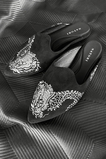 Natori Image Suede Dragon Embroidery Slide - Black Suede
