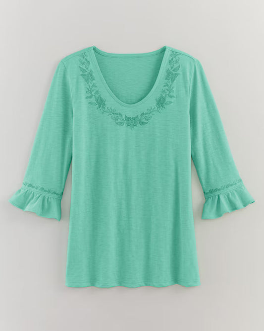 BLAIR Women’s Top Slub Knit Flounce Embroidered Top (Misses) - x3