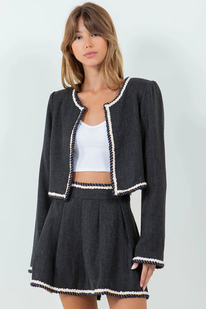 Ruby & Jenna Women's Braided Trim Tweed Pleated Mini Skirt