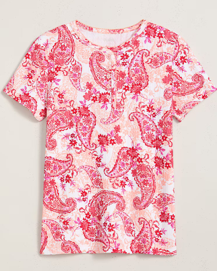 BLAIR Women's Tops Print Short Sleeve Pointelle Henley Top (Petite)- x3