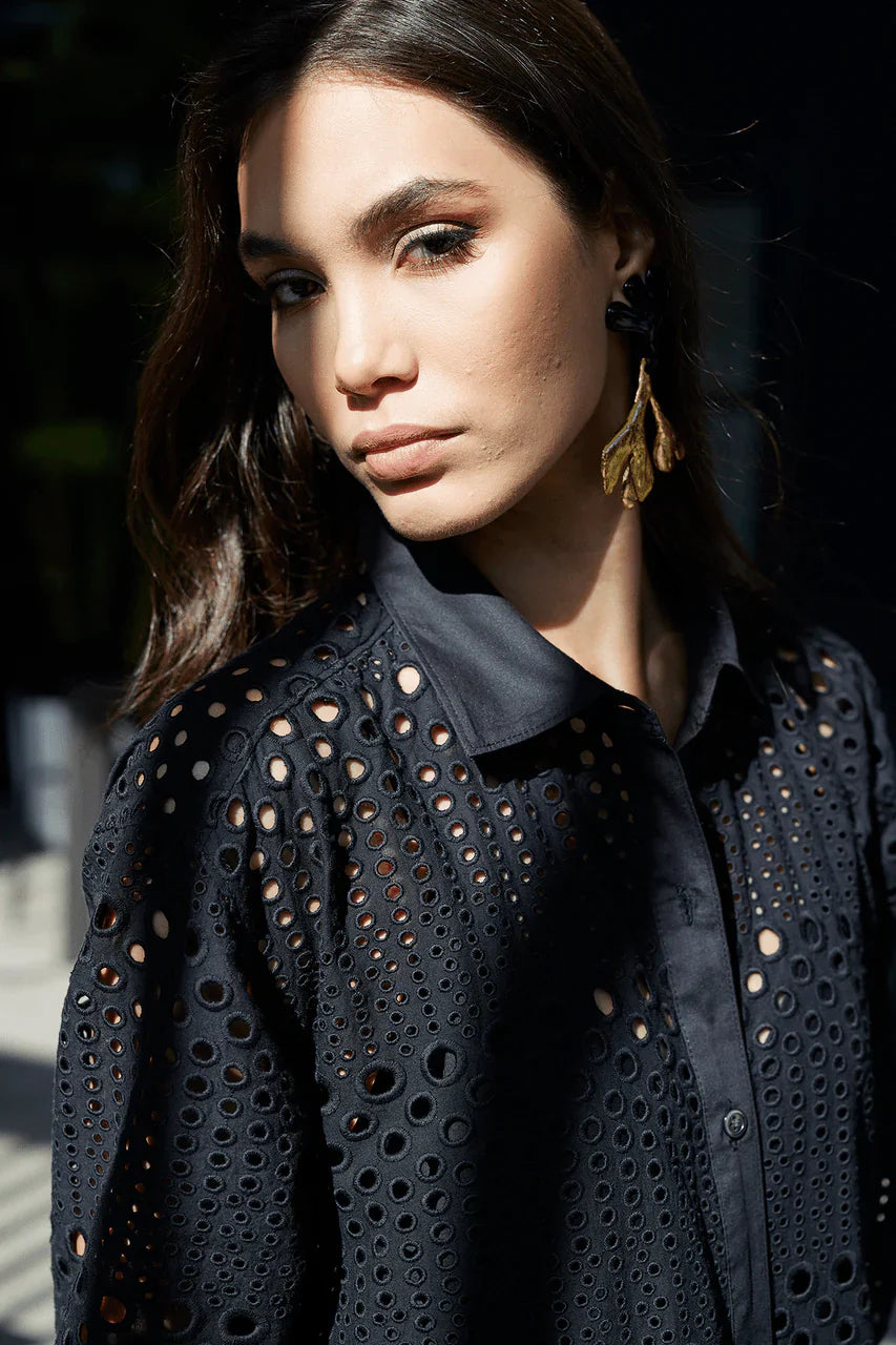 NATORI Round Eyelet Oversized Shirtdress - Black