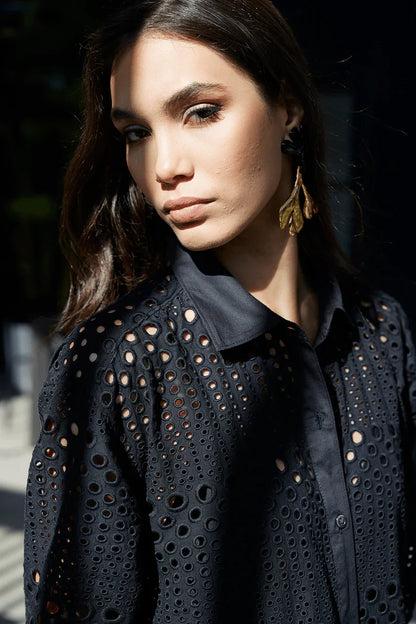 NATORI Round Eyelet Oversized Shirtdress - Black