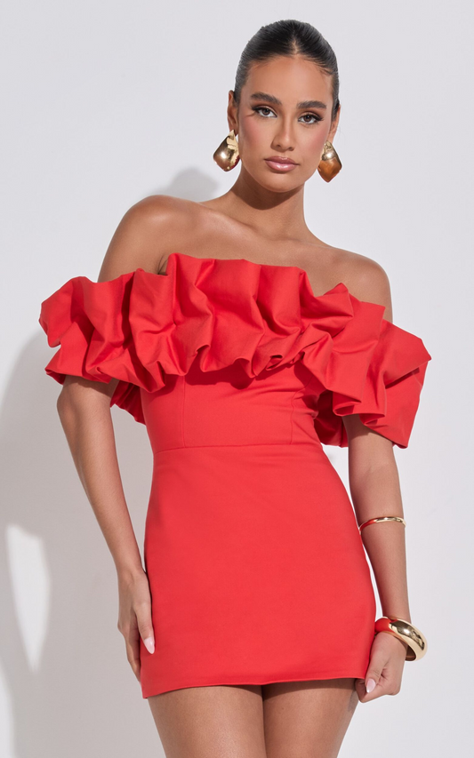 Showpo Coraline Mini Dress - Ruffle Off Shoulder Fitted Dress in Red