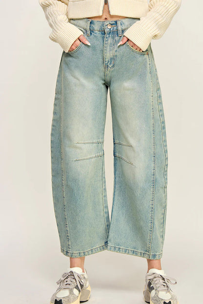 Ruby & Jenna Women's Mid Rise Barrel Jean - denim