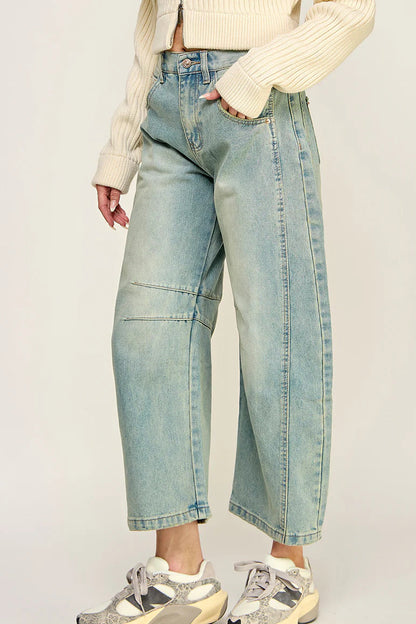 Ruby & Jenna Women's Mid Rise Barrel Jean - denim