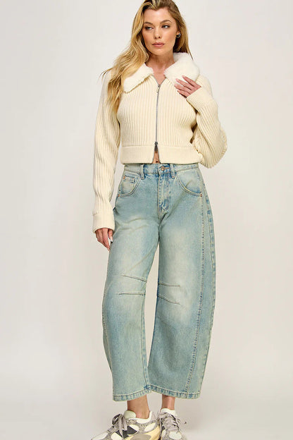 Ruby & Jenna Women's Mid Rise Barrel Jean - denim