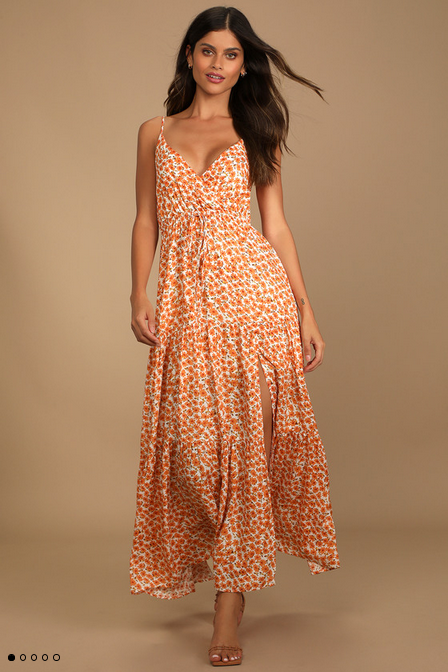 Lulus Women's Forever Blooming Orange Floral Print Tiered Maxi Dress