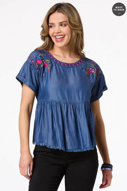 Cato Fashions Women's Chambray Embroidered Babydoll Top