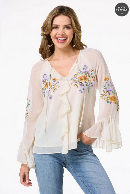 Cato Fashions Women's Ruffled Embroidered Poet Top