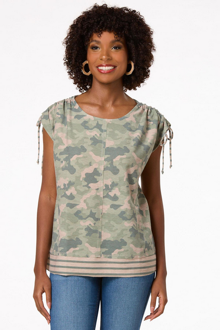 Cato Fashions Women's Camo Ruched Sleeve Top