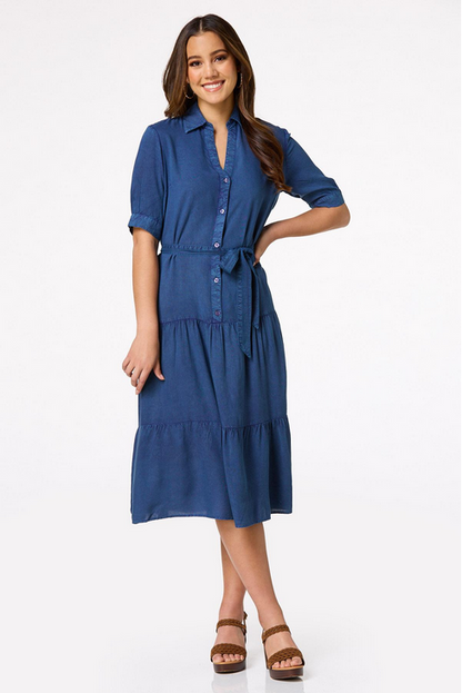 Cato Fashions Women's Tiered Chambray Blue Midi Dress