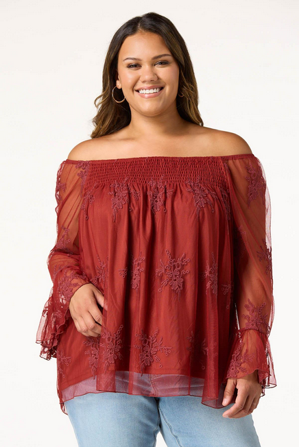 Cato Fashions Women's Plus Size Mesh Embroidered Bell Sleeve Top