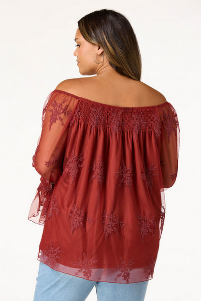 Cato Fashions Women's Plus Size Mesh Embroidered Bell Sleeve Top