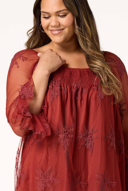 Cato Fashions Women's Plus Size Mesh Embroidered Bell Sleeve Top