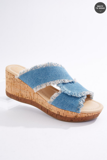 Cato Fashions Women's Wide Width Frayed Denim Wedge Sandals