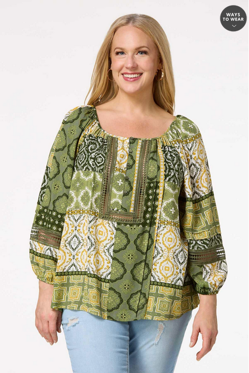 Cato Fashions Women's Plus Size Olive Patchwork Top