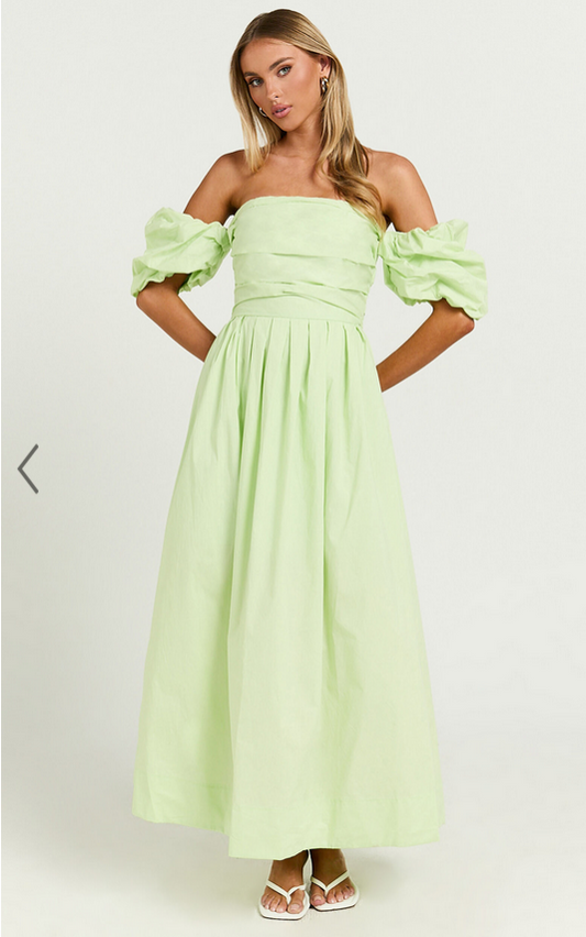 Showpo Annie Midi Dress - Off The Shoulder Ruffle Sleeve Pleated Dress