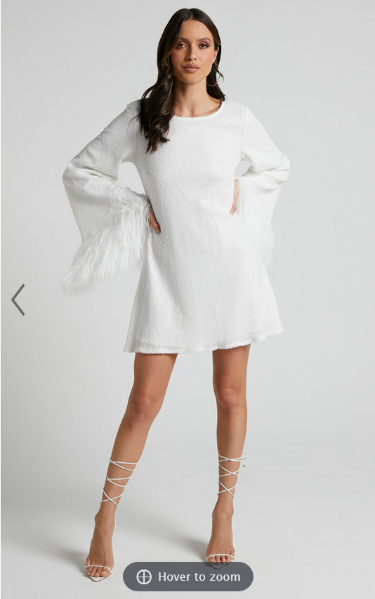 Showpo Rowella Mini Dress - Faux Feather Bell Sleeve Dress in White