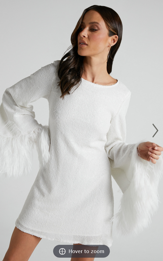 Showpo Rowella Mini Dress - Faux Feather Bell Sleeve Dress in White