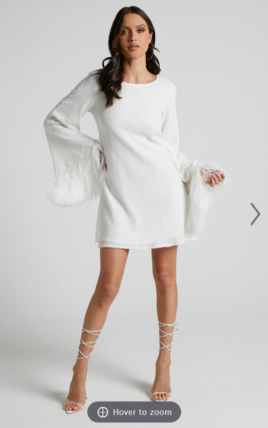 Showpo Rowella Mini Dress - Faux Feather Bell Sleeve Dress in White