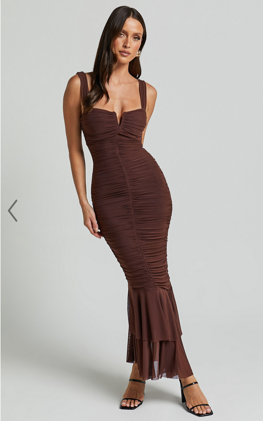 Showpo Kody Midi Dress - Bodycon Ruched Mesh Cut Out Dress in Chocolate