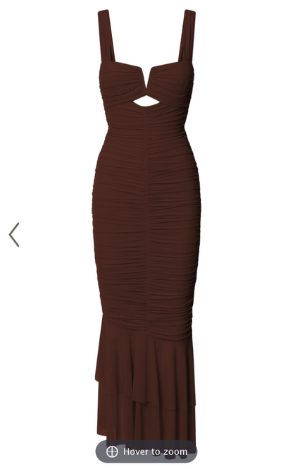 Showpo Kody Midi Dress - Bodycon Ruched Mesh Cut Out Dress in Chocolate