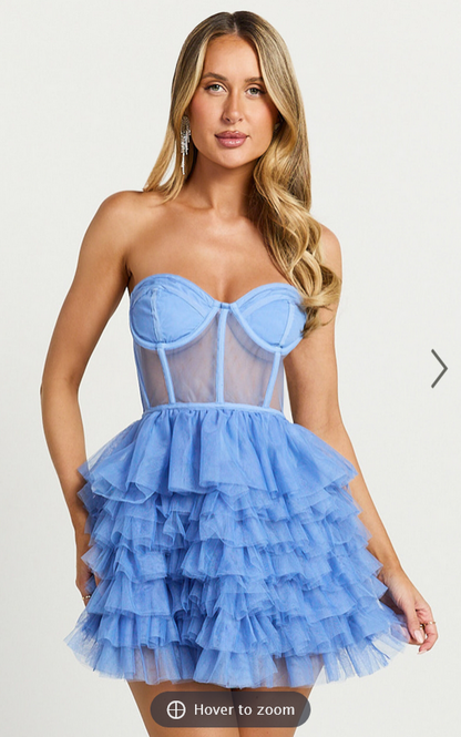 Showpo Amalie The Label - Meredith Strapless Tulle Tiered Bustier Mini Dress in Blue