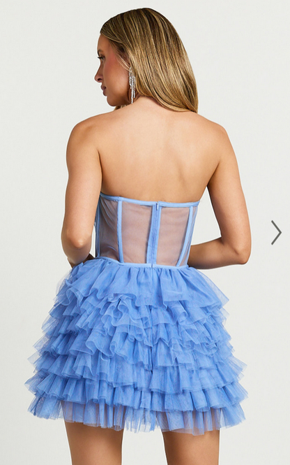 Showpo Amalie The Label - Meredith Strapless Tulle Tiered Bustier Mini Dress in Blue