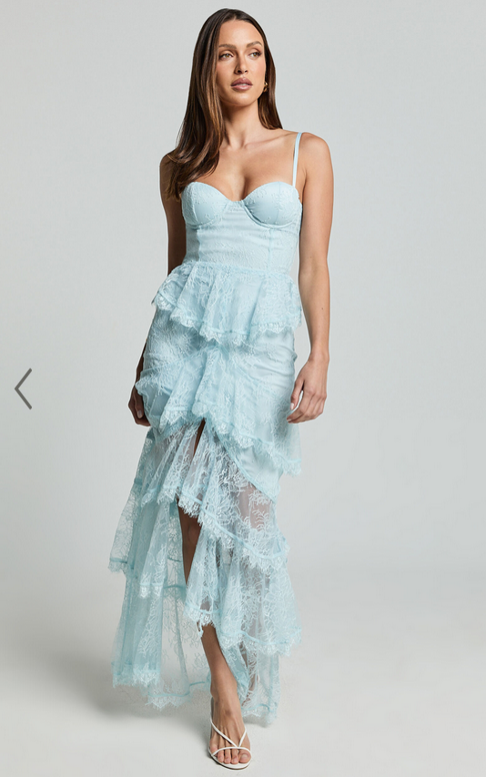 Showpo Merrick Maxi Dress - Sweetheart Corset Front Tiered Maxi Dress in Ice Blue