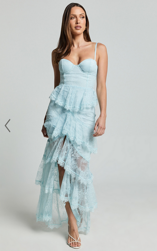 Showpo Merrick Maxi Dress - Sweetheart Corset Front Tiered Maxi Dress in Ice Blue