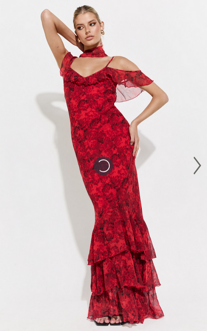 Showpo Riley Maxi Dress - Asymmetric Ruffle Detail Maxi Dress in Red Rose Print