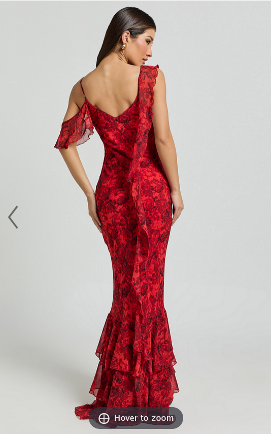 Showpo Riley Maxi Dress - Asymmetric Ruffle Detail Maxi Dress in Red Rose Print