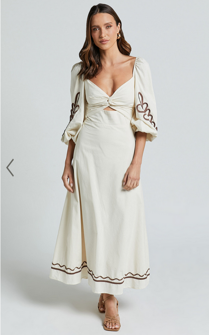 Showpo Isadora Midi Dress - Cut Out Long Sleeve Contrast Embroidery Dress in Natural