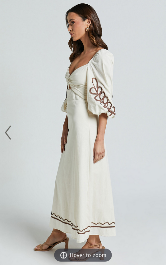 Showpo Isadora Midi Dress - Cut Out Long Sleeve Contrast Embroidery Dress in Natural