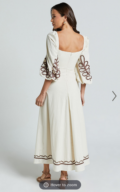 Showpo Isadora Midi Dress - Cut Out Long Sleeve Contrast Embroidery Dress in Natural