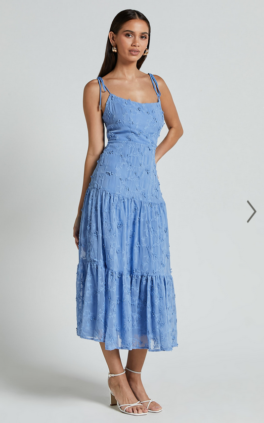 Showpo Francesca Midi Dress - Tie Shoulder Tiered Embroided Dress in Cornflower Blue