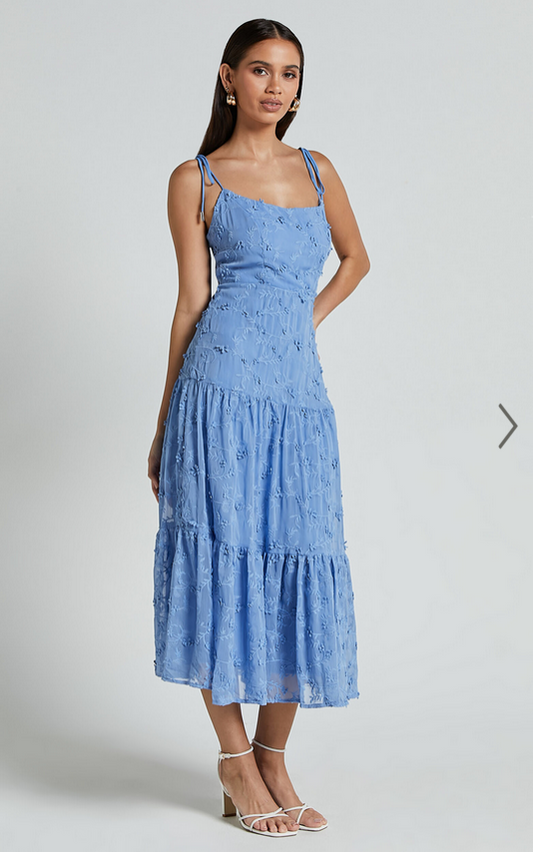 Showpo Francesca Midi Dress - Tie Shoulder Tiered Embroided Dress in Cornflower Blue