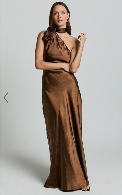 Showpo Ryan Maxi Dress - Tie Neck One Shoulder Dress in Chocolate